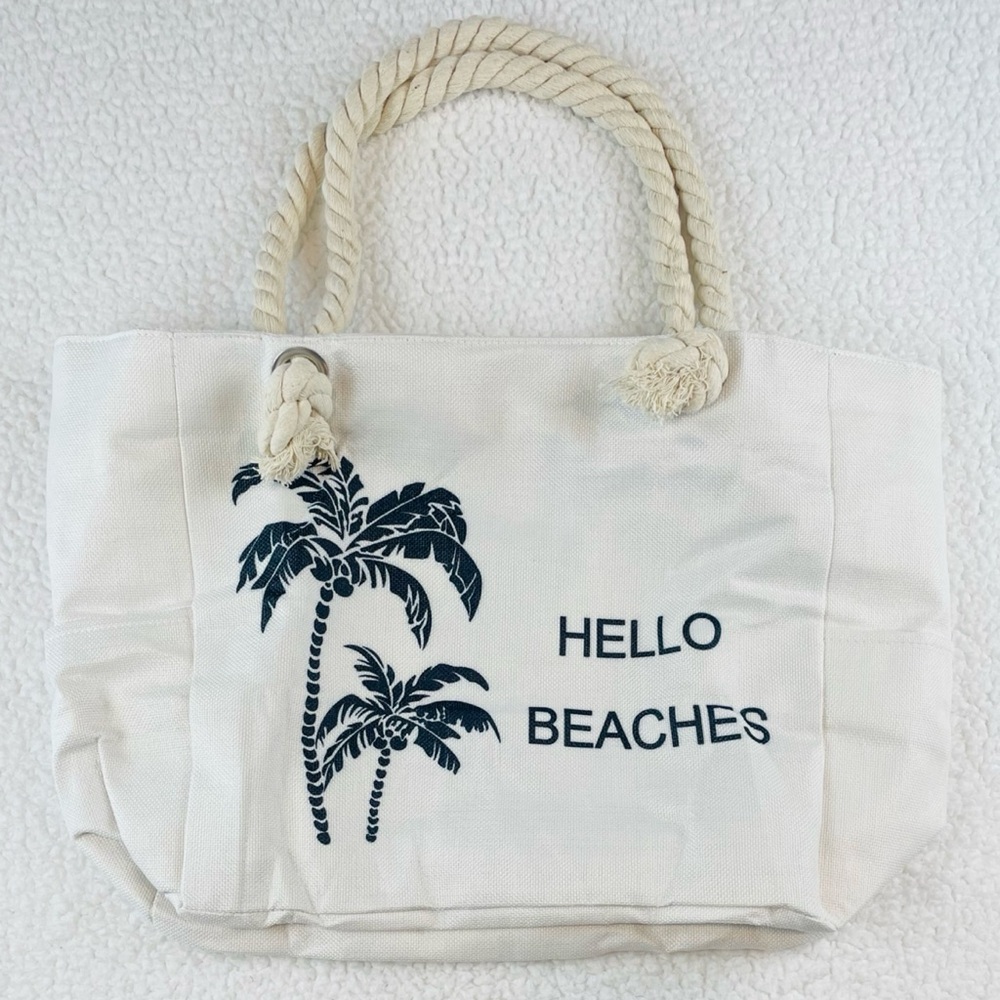 (NWT) TESALATE • Cream/Black “Hello Beaches” and Palm Trees Large Beach Tote Bag - Picture 12 of 15